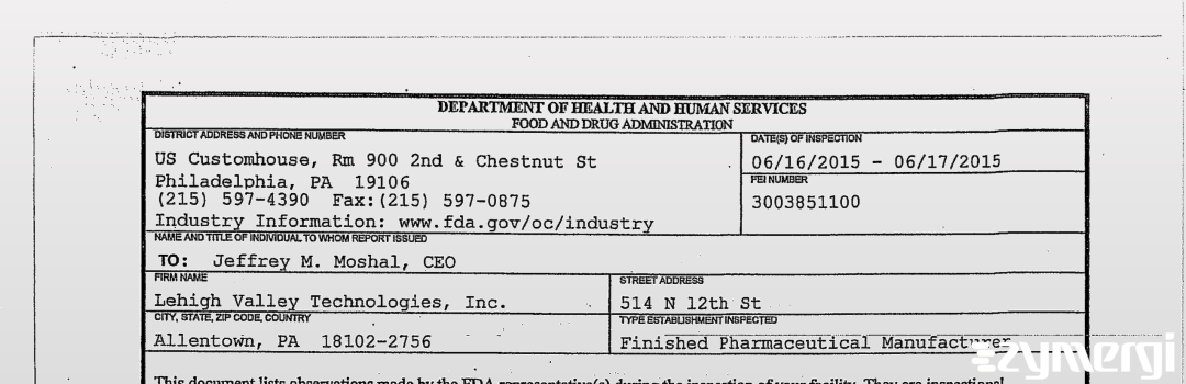 FDANews 483 Lehigh Valley Technologies, Inc. Jun 17 2015 top