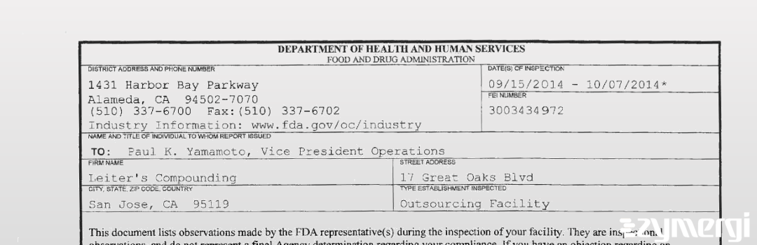 FDANews 483 Leiter's Compounding Oct 7 2014 top