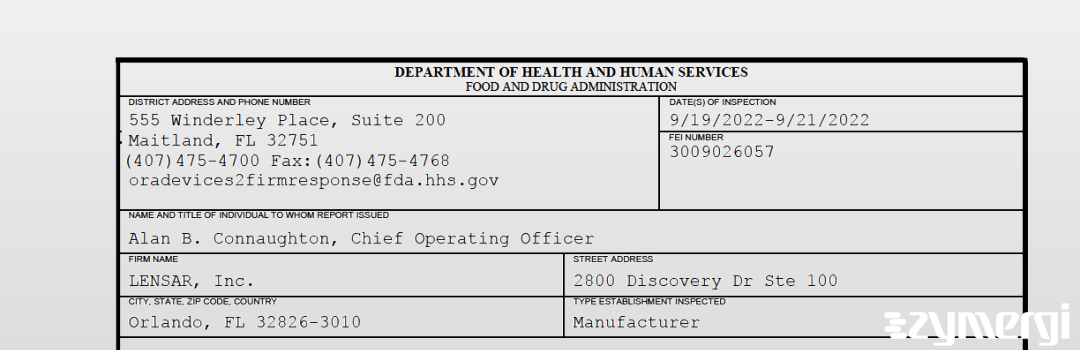 FDANews 483 LENSAR, Inc. Sep 21 2022 top