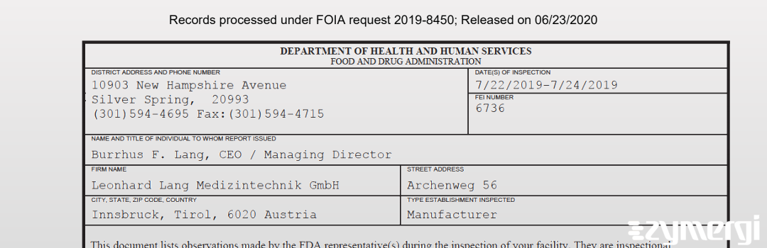 FDANews 483 Leonhard Lang Medizintechnik GmbH Jul 24 2019 top