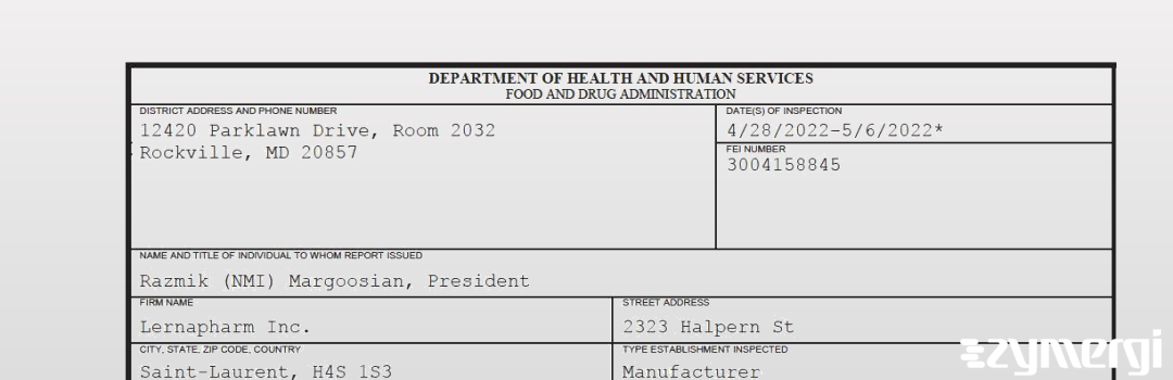 FDANews 483 Lernapharm Inc. May 6 2022 top