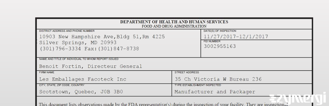 FDANews 483 Les Emballages Facoteck Inc Dec 1 2017 top