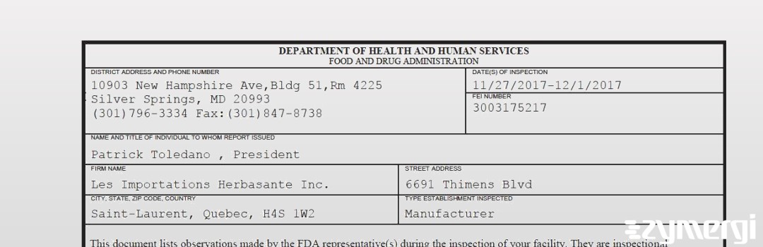 FDANews 483 Les Importations Herbasante Inc. Dec 1 2017 top