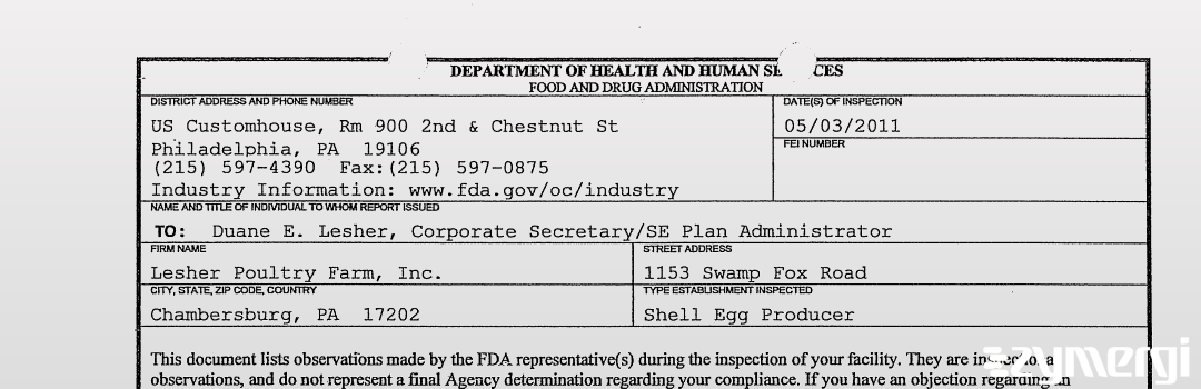 FDANews 483 Lesher's Poultry Farm, Inc. May 3 2011 top