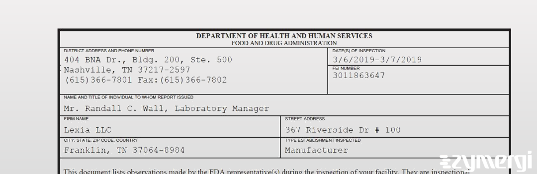 FDANews 483 Lexia LLC Mar 7 2019 top