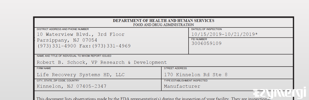 FDANews 483 Life Recovery Systems HD, LLC Oct 21 2019 top