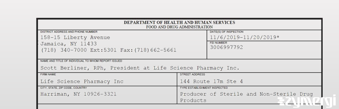 FDANews 483 Life Science Pharmacy Inc Nov 20 2019 top