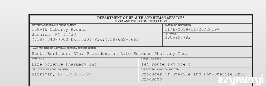 FDANews 483 Life Science Pharmacy Inc Nov 20 2019 top