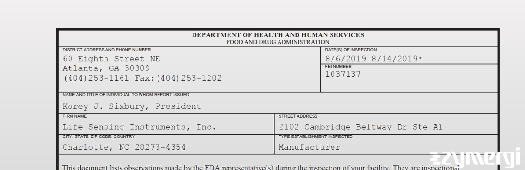 FDANews 483 Life Sensing Instruments, Inc. Aug 14 2019 top