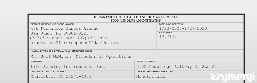 FDANews 483 Life Sensing Instruments, Inc. Jan 27 2023 top