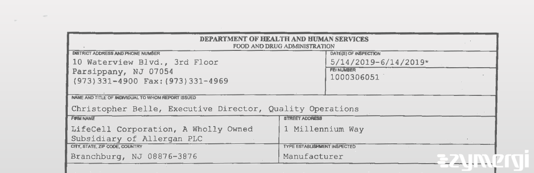 FDANews 483 LifeCell Corporation, A Wholly Owned Subsidiary of Allergan PLC Jun 14 2019 top