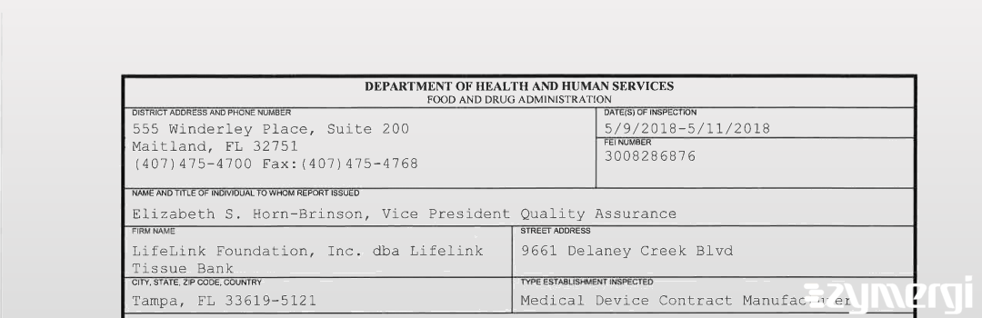 FDANews 483 LifeLink Foundation, Inc. dba Lifelink Tissue Bank May 11 2018 top