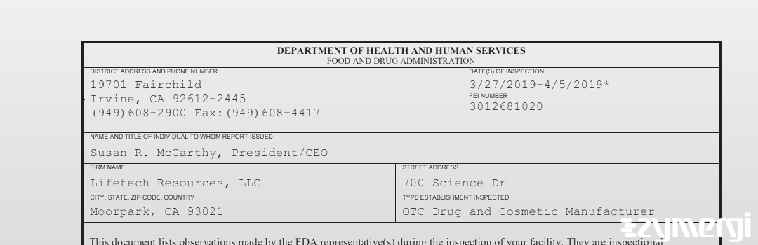 FDANews 483 Lifetech Resources Llc Apr 5 2019 top