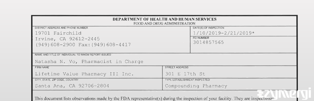 FDANews 483 Lifetime Value Pharmacy III Inc. Feb 21 2019 top