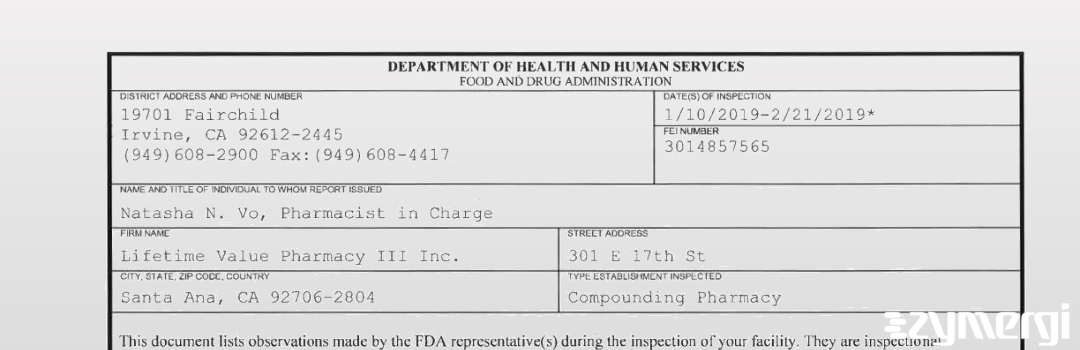 FDANews 483 Lifetime Value Pharmacy III Inc. Feb 21 2019 top