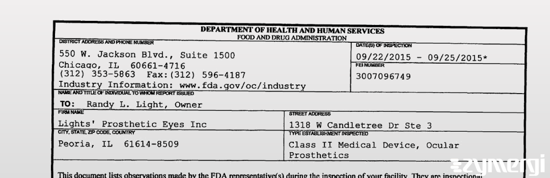 FDANews 483 Lights' Prosthetic Eyes Inc Sep 25 2015 top