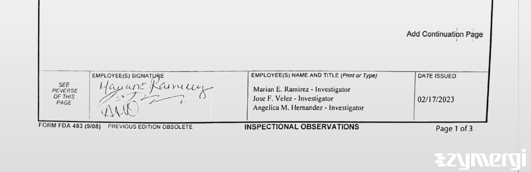 Marian E. Ramirez FDA Investigator Jose F. Velez FDA Investigator Angelica M. Hernandez FDA Investigator 