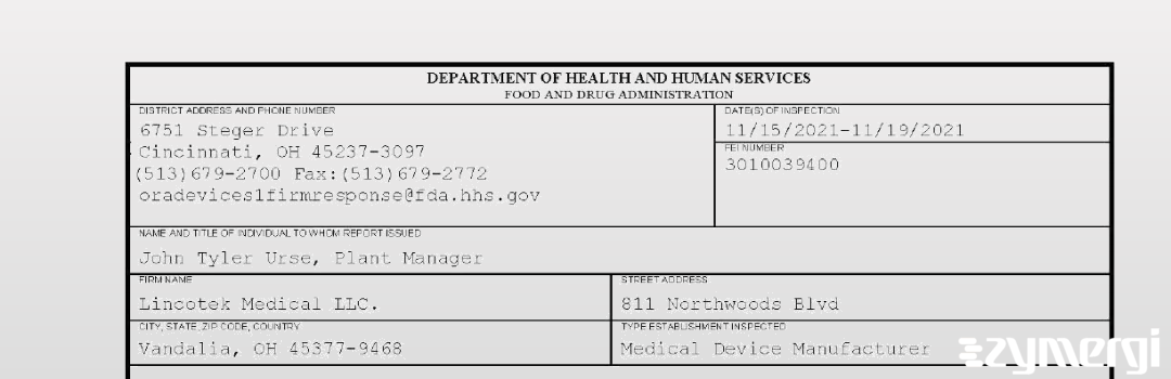 FDANews 483 Lincotek Medical LLC. Nov 19 2021 top