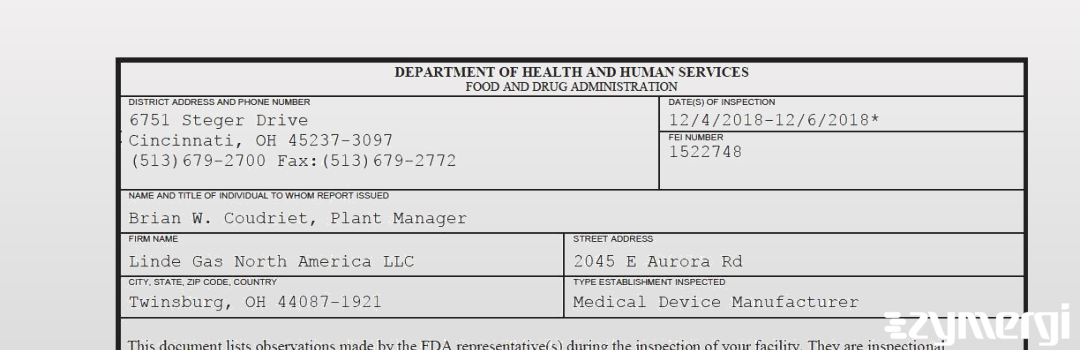 FDANews 483 Linde Gas North America LLC Dec 6 2018 top