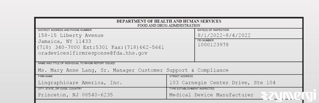 FDANews 483 Lingraphicare America, Inc. Aug 4 2022 top