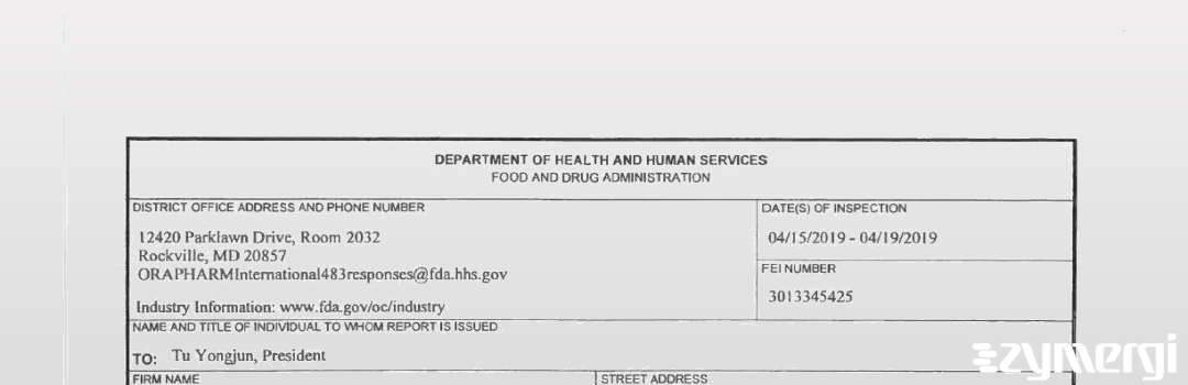 FDANews 483 Linhai Tianyu Pharmaceutical Co., Ltd. Apr 19 2019 top