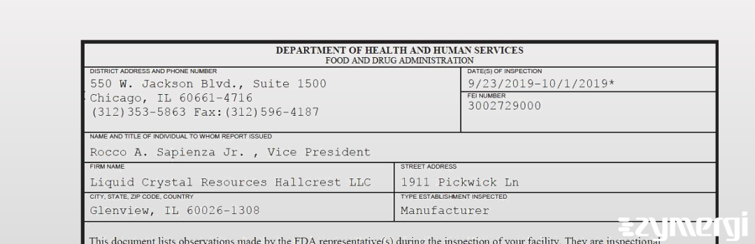 FDANews 483 Liquid Crystal Resources Hallcrest LLC Oct 1 2019 top