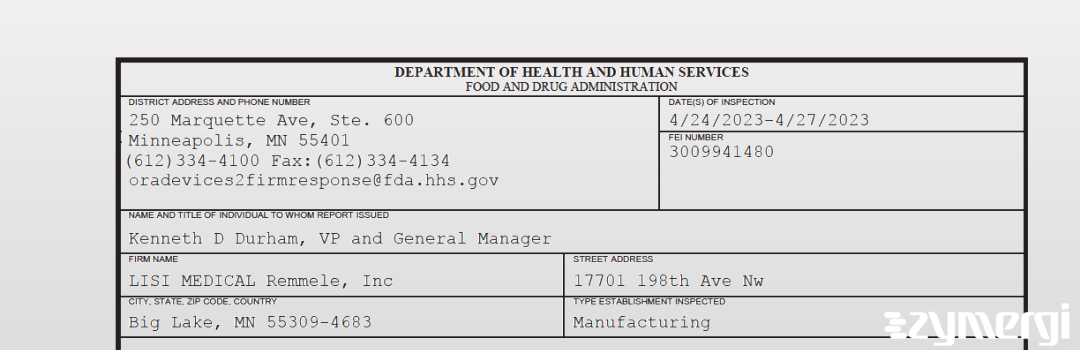 FDANews 483 LISI MEDICAL Remmele, Inc Apr 27 2023 top