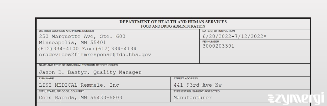 FDANews 483 LISI MEDICAL Remmele, Inc Jul 12 2022 top