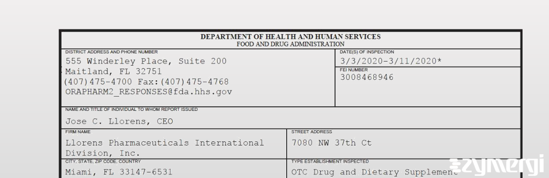 FDANews 483 Llorens Pharmaceuticals International Division, Inc. Mar 11 2020 top