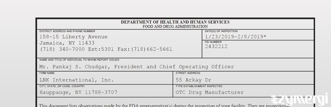 FDANews 483 LNK International, Inc. Feb 8 2019 top