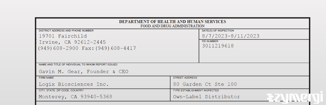 FDANews 483 Logix Biosciences Inc. Aug 11 2023 top