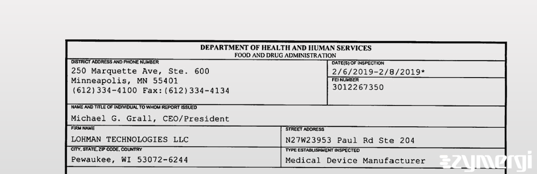 FDANews 483 LOHMAN TECHNOLOGIES LLC Feb 8 2019 top