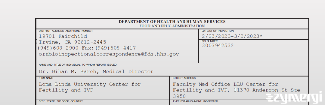 FDANews 483 Loma Linda University Center for Fertility and IVF Mar 2 2023 top