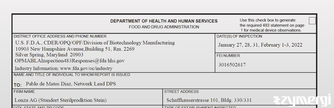 FDANews 483 Lonza AG Feb 3 2022 top