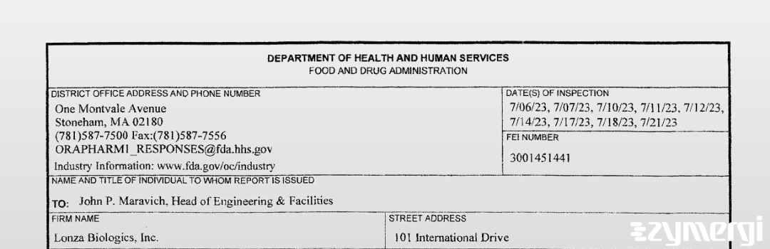 FDANews 483 Lonza Biologics, Inc. Jul 21 2023 top