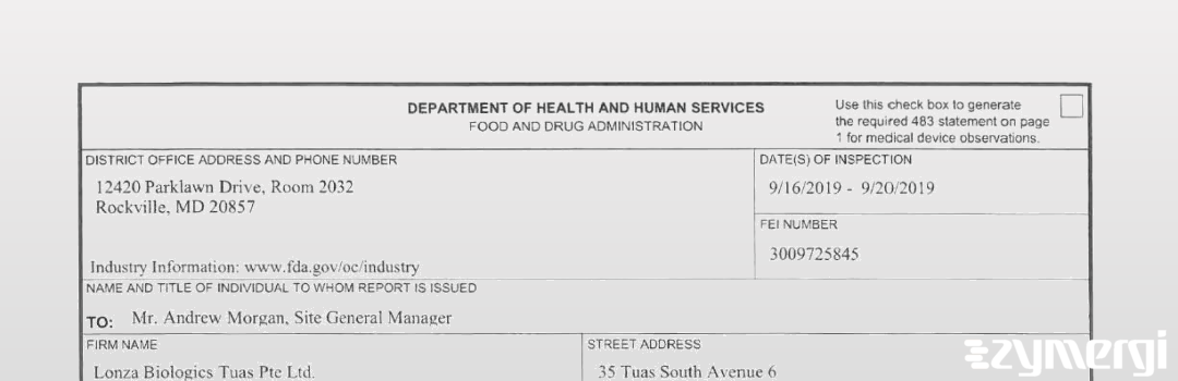 FDANews 483 Lonza Biologics Tuas Pte Ltd Sep 20 2019 top