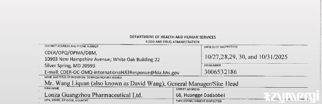 FDANews 483 Lonza Guangzhou Pharmaceutical Ltd. Oct 31 2025 top