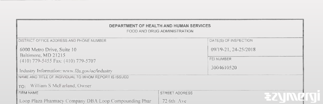 FDANews 483 Loop Plaza Pharmacy Company DBA Loop Compounding Pharmacy Sep 25 2018 top