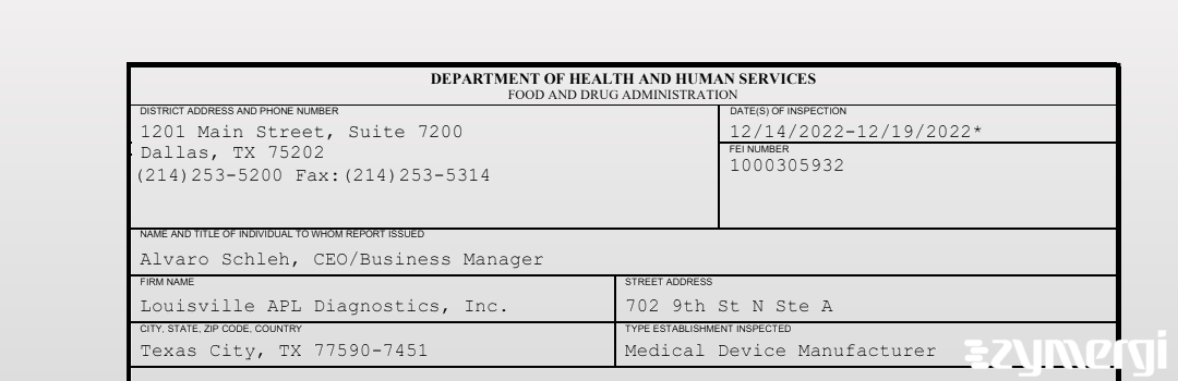 FDANews 483 Louisville APL Diagnostics, Inc. Dec 19 2022 top