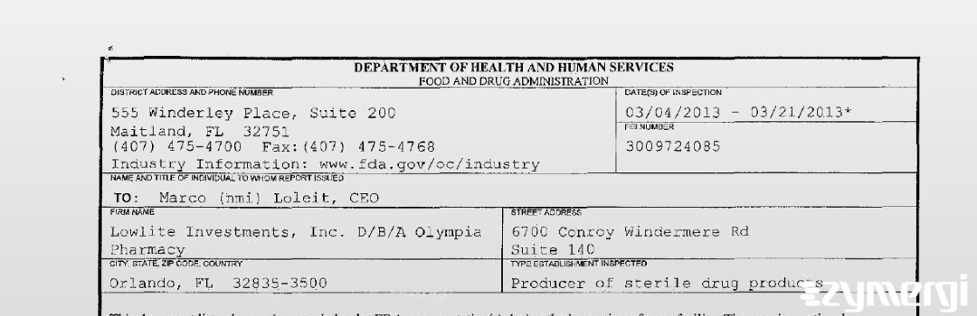 FDANews 483 Lowlite Investments, Inc. D/B/A Olympia Pharmacy Mar 21 2013 top