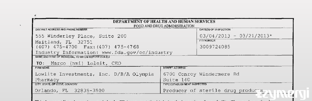 FDANews 483 Lowlite Investments, Inc. D/B/A Olympia Pharmacy Mar 21 2013 top