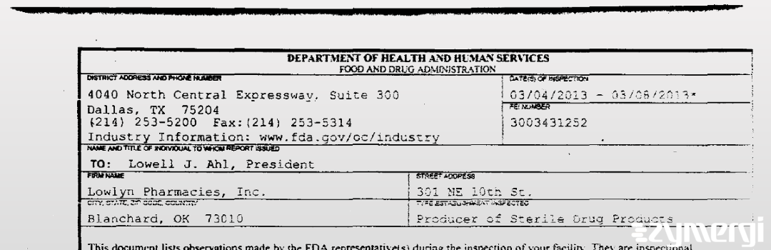 FDANews 483 Lowlyn Pharmacies, Inc. Mar 8 2013 top