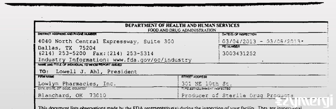 FDANews 483 Lowlyn Pharmacies, Inc. Mar 8 2013 top