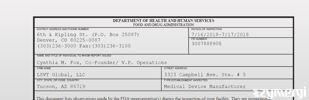 FDANews 483 LSVT Global, LLC Jul 17 2018 top