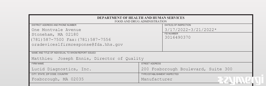 FDANews 483 Lucid Diagnostics, Inc. Mar 21 2022 top