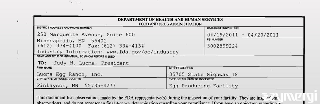 FDANews 483 Luoma Egg Ranch, Inc. Apr 20 2011 top