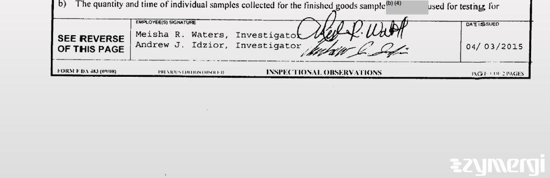 Meisha R. Waters FDA Investigator Andrew J. Idzior FDA Investigator Meisha R. Sampson FDA Investigator 