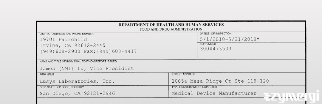 FDANews 483 Lusys Laboratories, Inc. May 21 2018 top