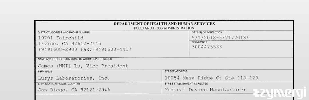 FDANews 483 Lusys Laboratories, Inc. May 21 2018 top