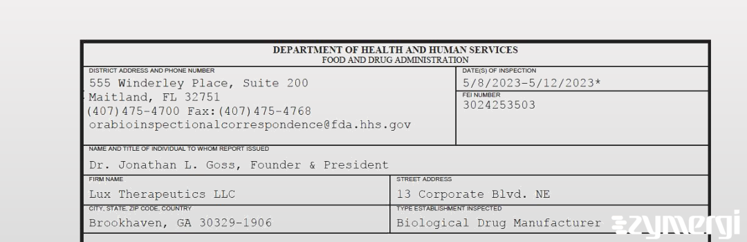 FDANews 483 Lux Therapeutics LLC May 12 2023 top